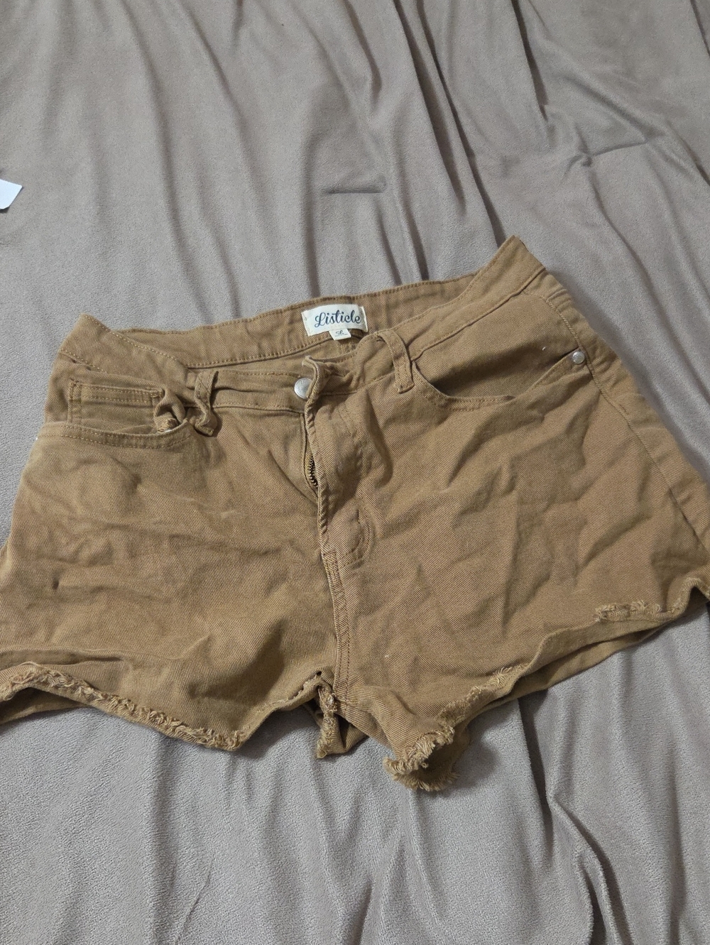 Listicle Tan High-Rise Frayed Denim Shorts